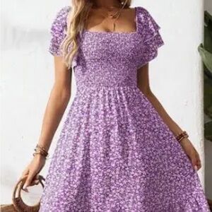 Smocked Purple Floral Midi Dress